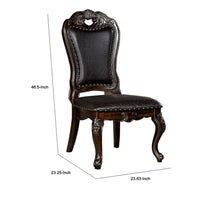 Ons 23 Inch Carved Dining Chair, Set of 2, Nailhead Trim Brown Faux Leather - BM300606