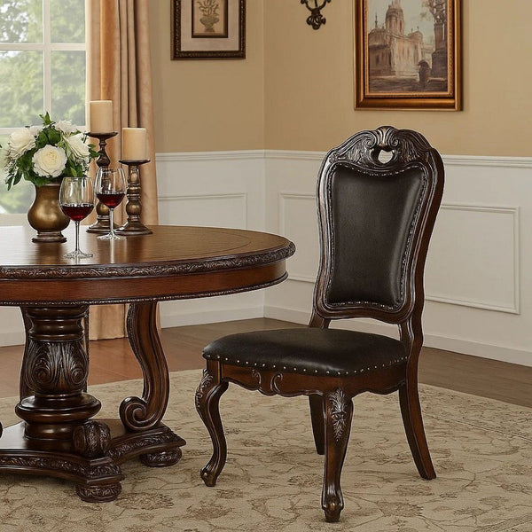 Ons 23 Inch Carved Dining Chair, Set of 2, Nailhead Trim Brown Faux Leather - BM300606
