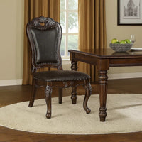 Ons 23 Inch Carved Dining Chair, Set of 2, Nailhead Trim Brown Faux Leather - BM300606