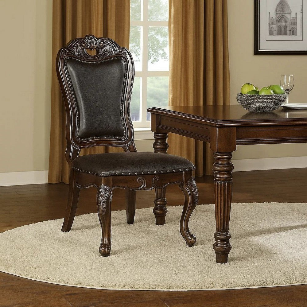 Ons 23 Inch Carved Dining Chair, Set of 2, Nailhead Trim Brown Faux Leather - BM300606
