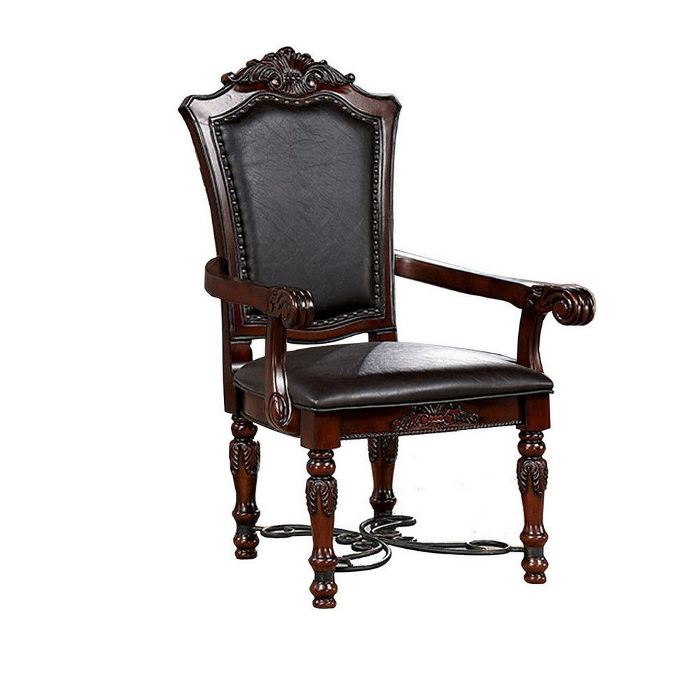 Albi 28 Inch Carved Dining Armchair, Set of 2, Black Faux Leather - BM300607