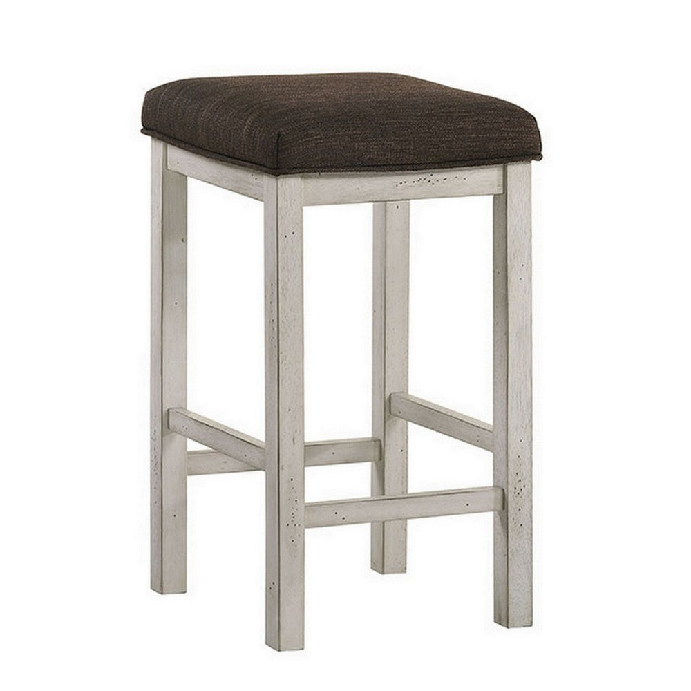 Berg 26 Inch Stool, Brown Fabric Padded Seat, White Wood Base, Set of 2 - BM300614