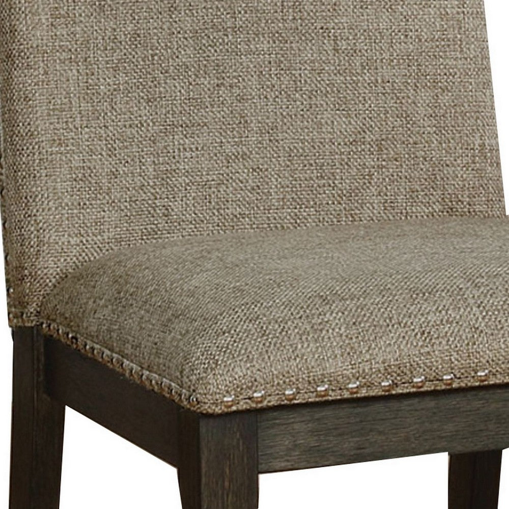 20 Inch Dining Chair, Set of 2, Gray Fabric, Espresso Wood, Nailhead Trim - BM300617