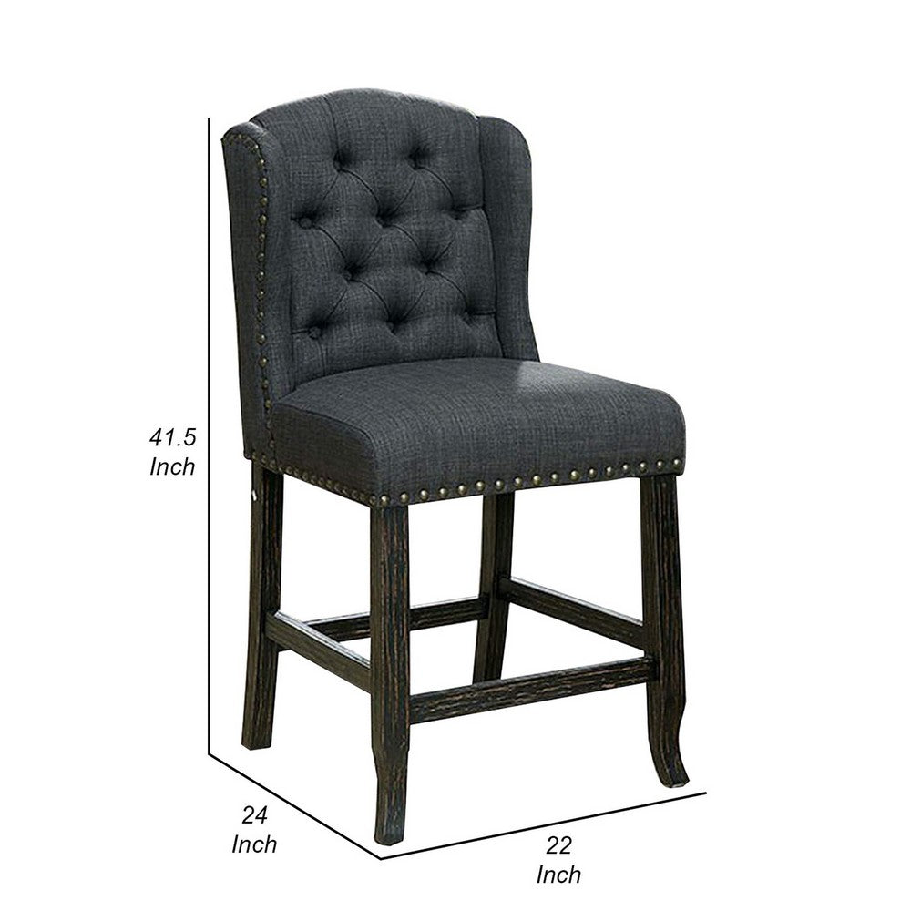 Bega 24 Inch Counter Height Chair, Set of 2, Wingback, Tufted, Smooth Gray - BM300619
