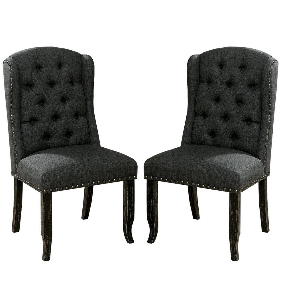 Bega 23 Inch Dining Chair, Set of 2, Wingback, Button Tufted, Black, Gray - BM300620