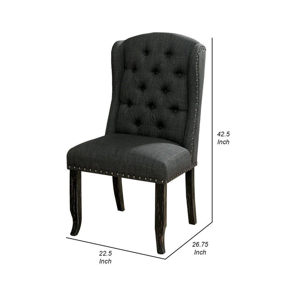 Bega 23 Inch Dining Chair, Set of 2, Wingback, Button Tufted, Black, Gray - BM300620