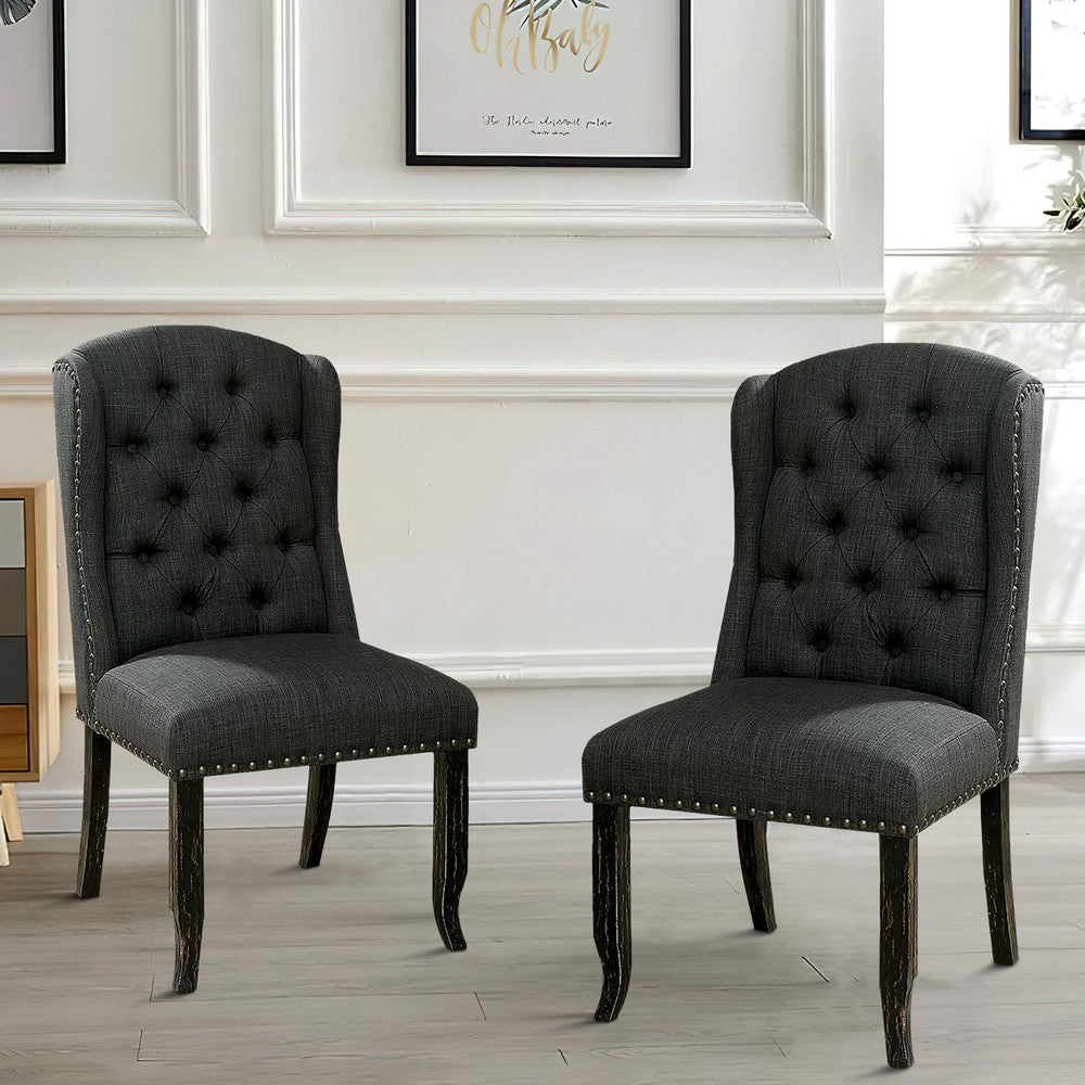 Bega 23 Inch Dining Chair, Set of 2, Wingback, Button Tufted, Black, Gray - BM300620