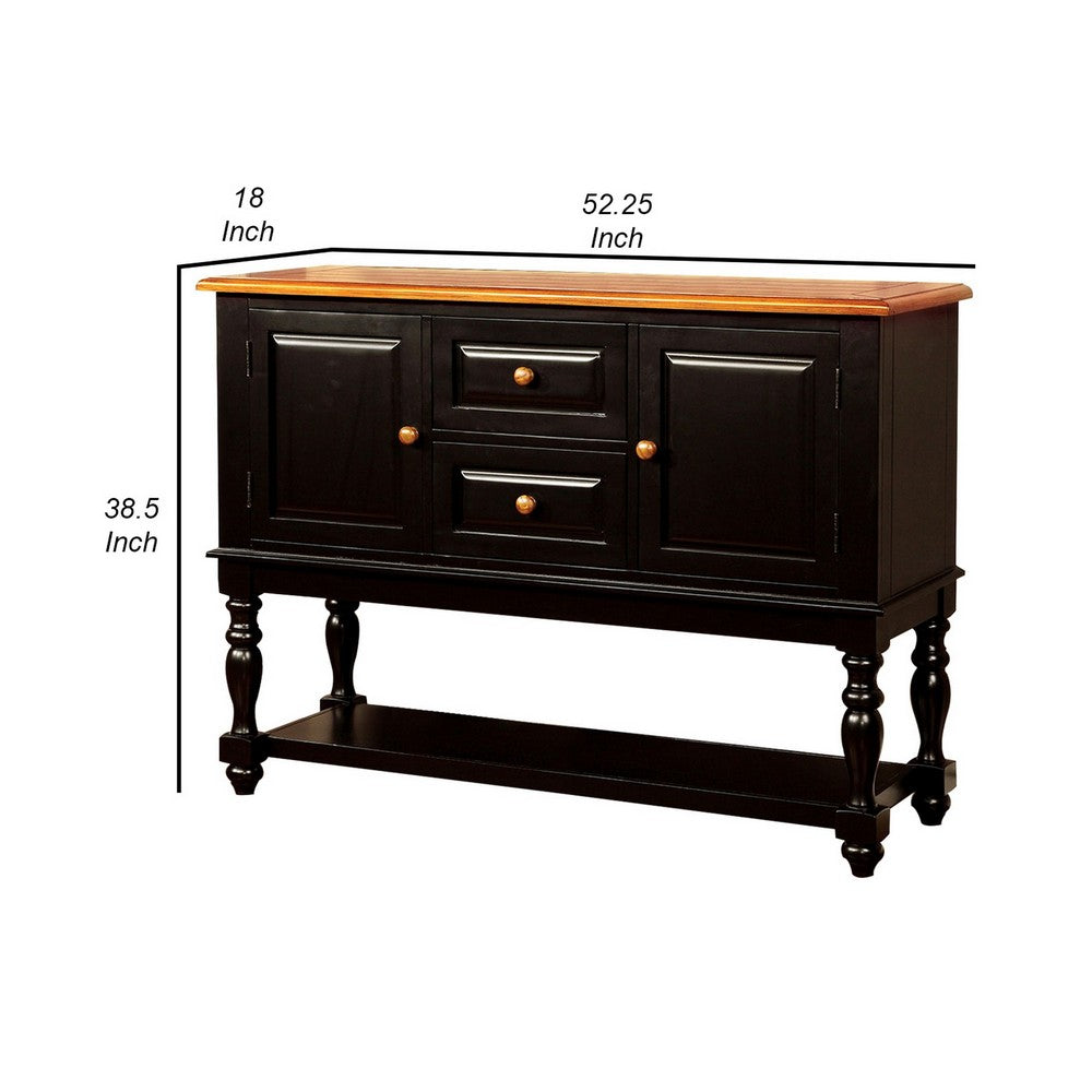 Fritz 52 Inch Server, 2 Cabinets, 2 Drawers, Black, Oak Brown, Turned Legs - BM300629