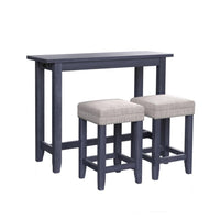 Eala 3 Piece Counter Height Table and Stool Set, Blue Wood, Gray Fabric - BM300630