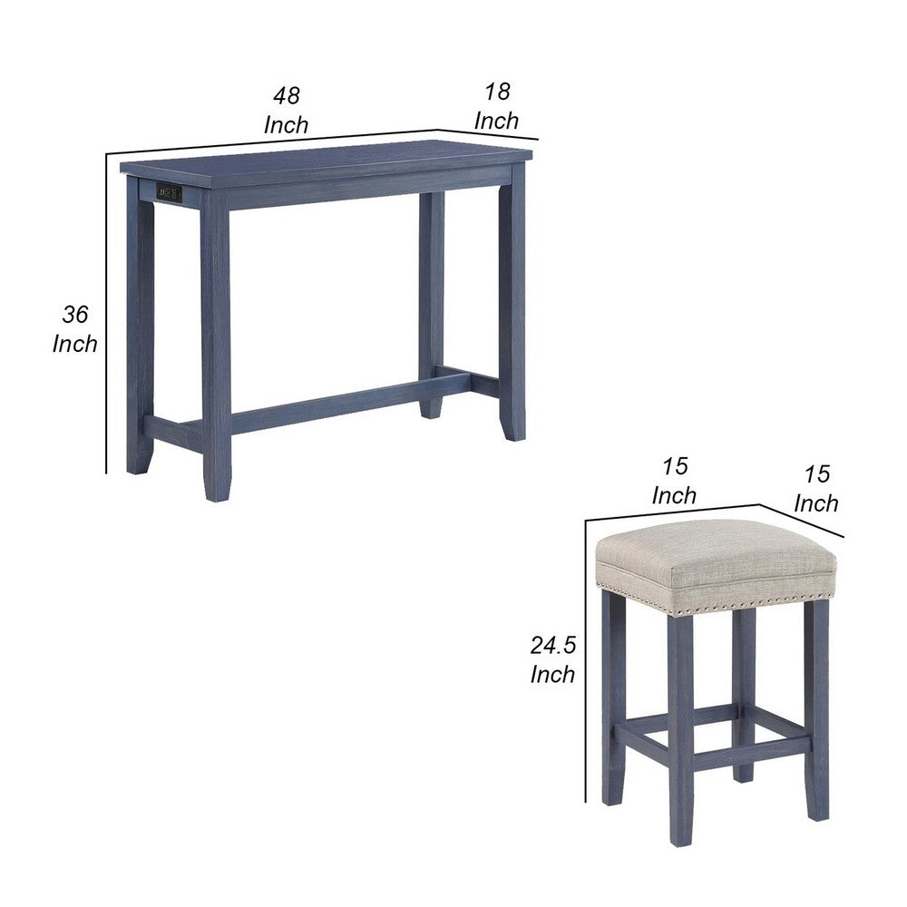 Eala 3 Piece Counter Height Table and Stool Set, Blue Wood, Gray Fabric - BM300630