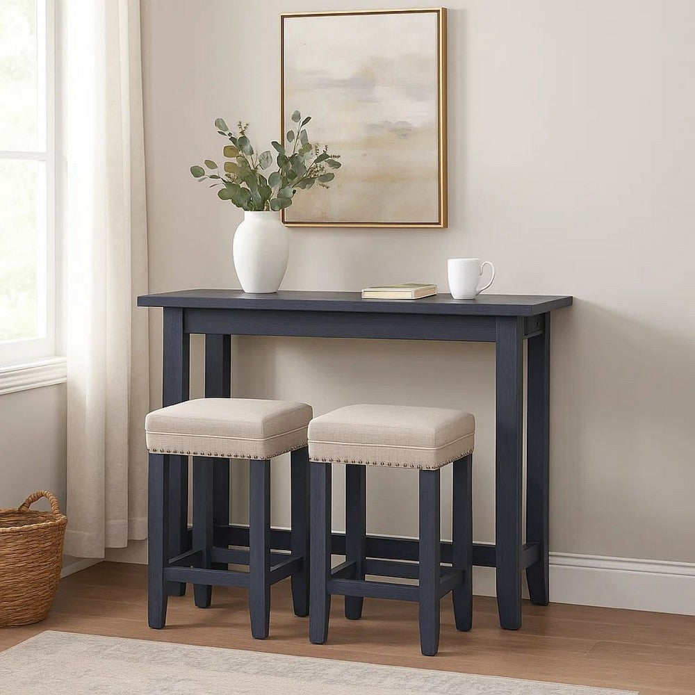 Eala 3 Piece Counter Height Table and Stool Set, Blue Wood, Gray Fabric - BM300630