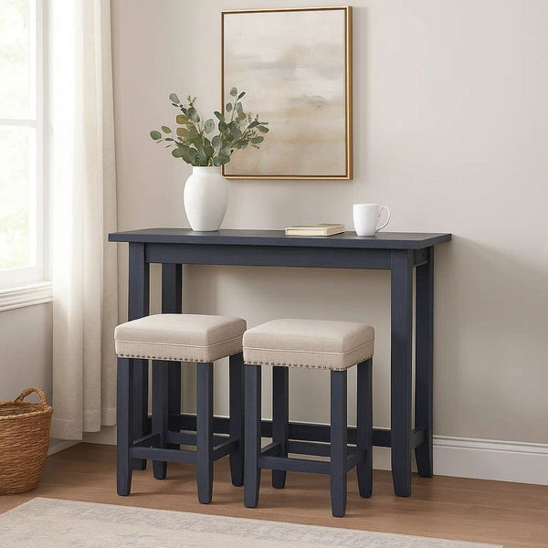 Eala 3 Piece Counter Height Table and Stool Set, Blue Wood, Gray Fabric - BM300630