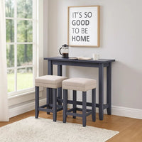 Eala 3 Piece Counter Height Table and Stool Set, Blue Wood, Gray Fabric - BM300630