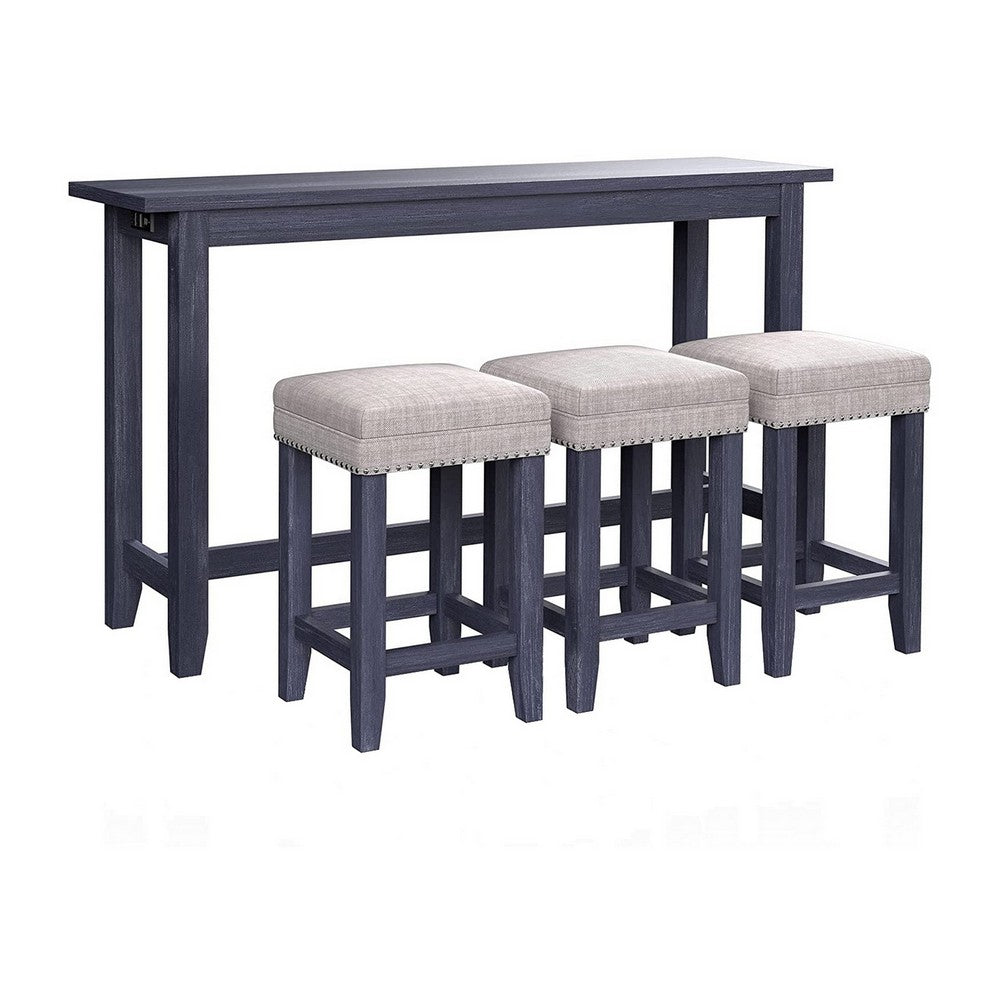 Eala 4 Piece Counter Height Table and Stool Set, Blue Wood, Gray Fabric - BM300631