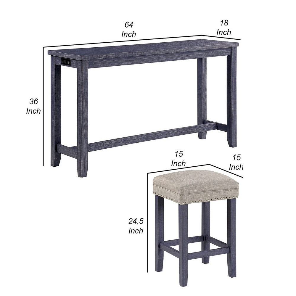 Eala 4 Piece Counter Height Table and Stool Set, Blue Wood, Gray Fabric - BM300631