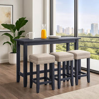 Eala 4 Piece Counter Height Table and Stool Set, Blue Wood, Gray Fabric - BM300631