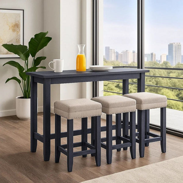 Eala 4 Piece Counter Height Table and Stool Set, Blue Wood, Gray Fabric - BM300631