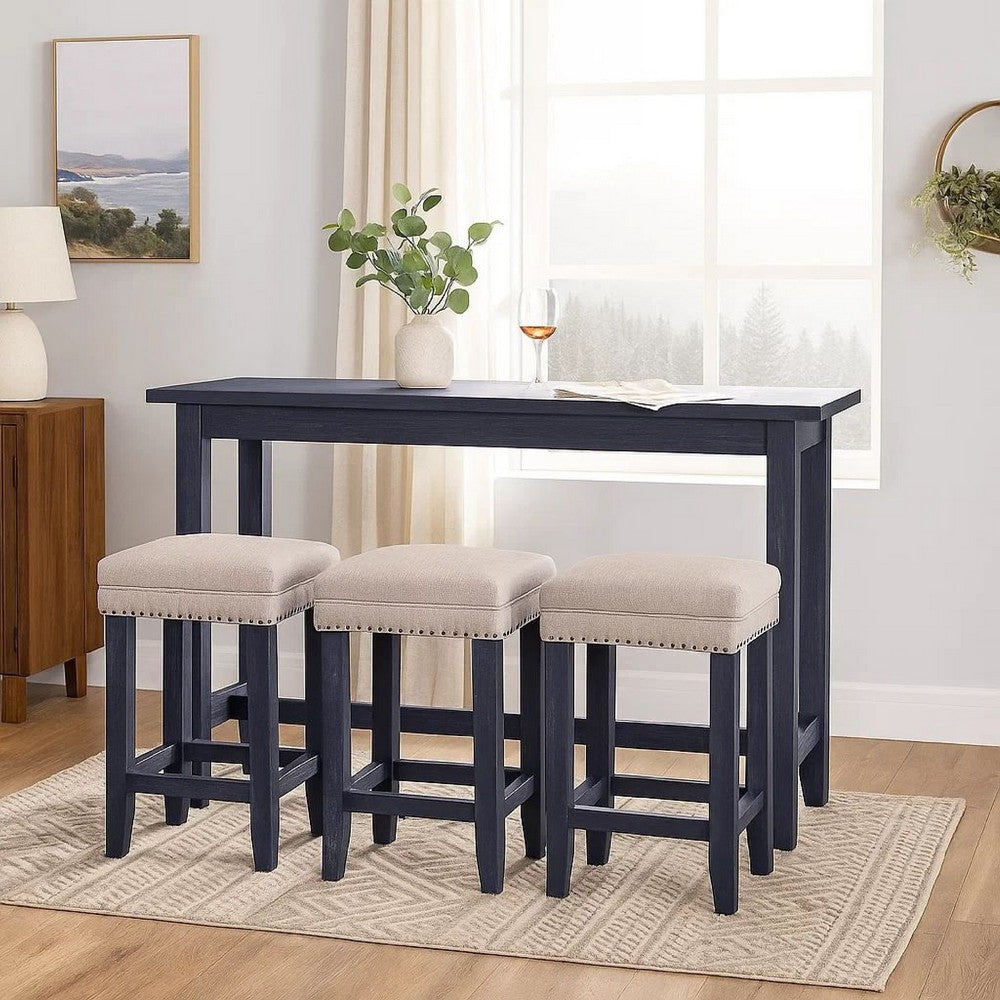 Eala 4 Piece Counter Height Table and Stool Set, Blue Wood, Gray Fabric - BM300631