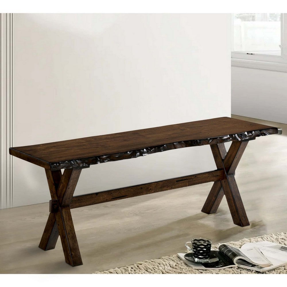 Naef 54 Inch Wood Dining Bench, Walnut Brown, Live Edges, Angled Legs  - BM300632