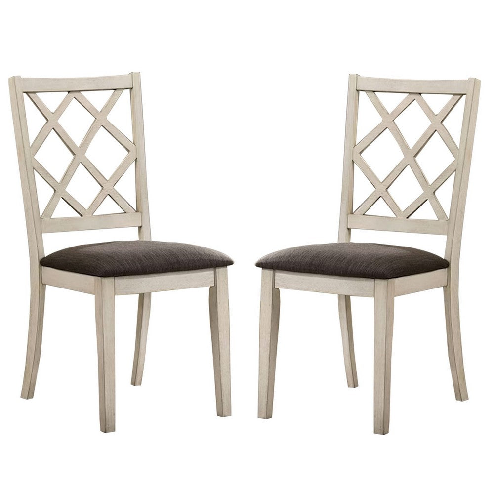 Ara 18 Inch Dining Chair, Set of 2, Crossbuck Back, White Wood, Gray Fabric - BM300637