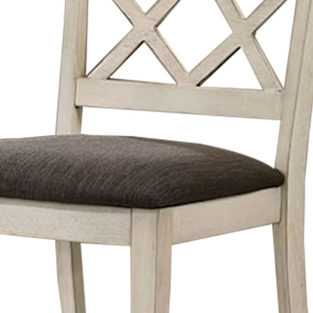 Ara 18 Inch Dining Chair, Set of 2, Crossbuck Back, White Wood, Gray Fabric - BM300637