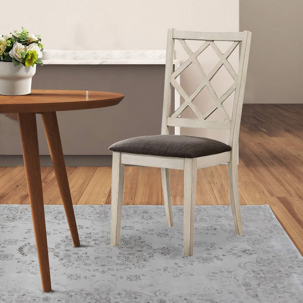Ara 18 Inch Dining Chair, Set of 2, Crossbuck Back, White Wood, Gray Fabric - BM300637