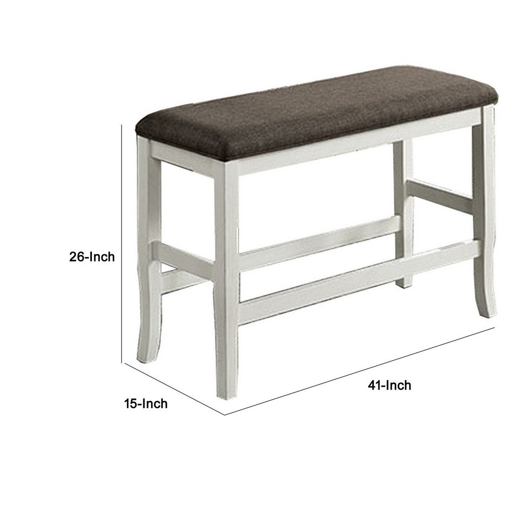 Rune 41 Inch Counter Height Bench, Off White Wood Base, Gray Padded Seat - BM300643