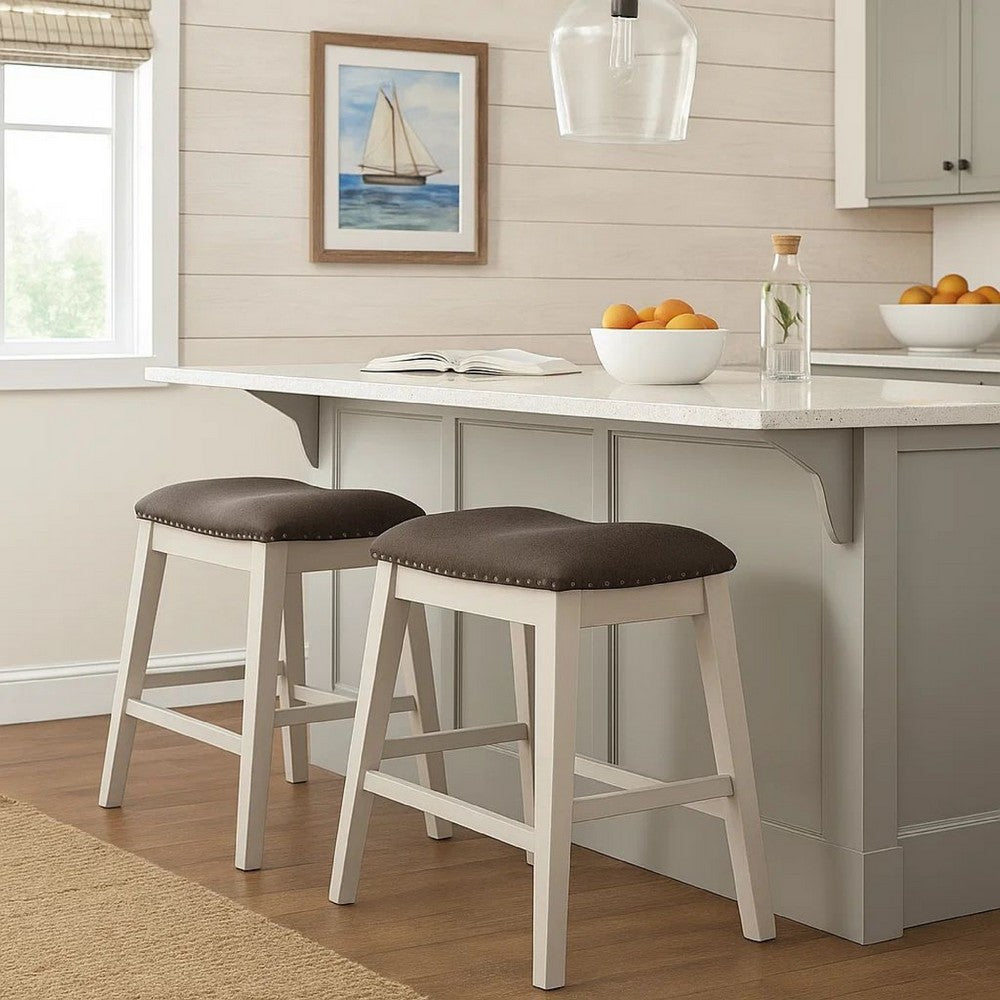 Rune 25 Inch Counter Height Wood Stool, Set of 2, Off White, Gray Seating - BM300644