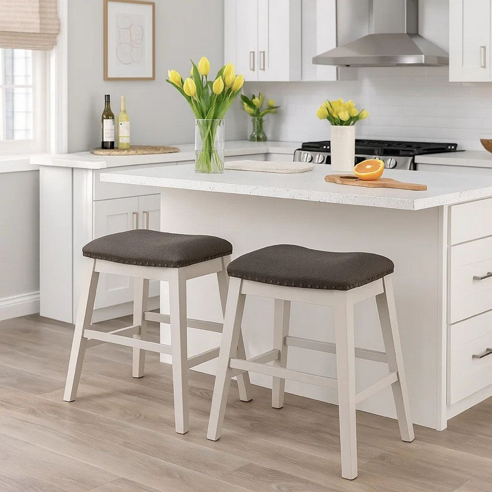 Rune 25 Inch Counter Height Wood Stool, Set of 2, Off White, Gray Seating - BM300644