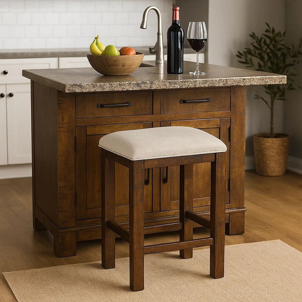 Shaw 25 Inch Counter Height Stool, Set of 2, Beige Seat, Rustic Brown Base - BM300653