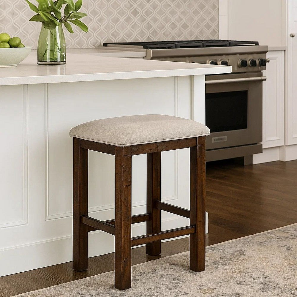 Shaw 25 Inch Counter Height Stool, Set of 2, Beige Seat, Rustic Brown Base - BM300653