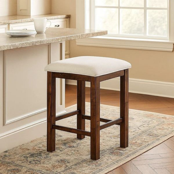 Shaw 25 Inch Counter Height Stool, Set of 2, Beige Seat, Rustic Brown Base - BM300653