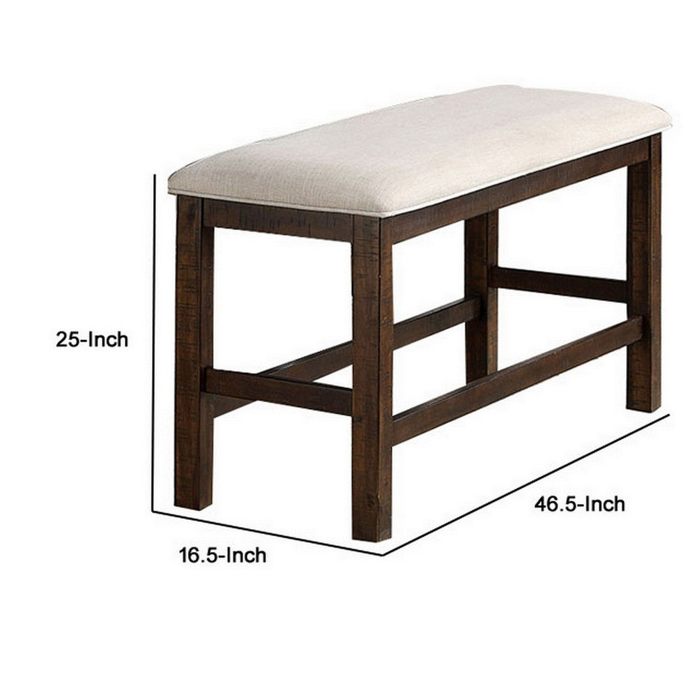 Shaw 47 Inch Counter Height Bench, Beige Padded Seat, Rustic Brown Base - BM300654