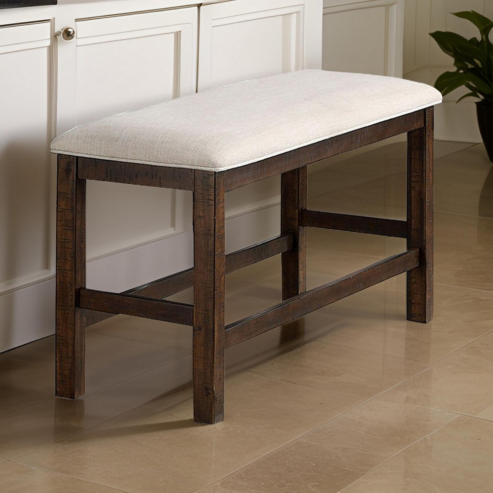 Shaw 47 Inch Counter Height Bench, Beige Padded Seat, Rustic Brown Base - BM300654