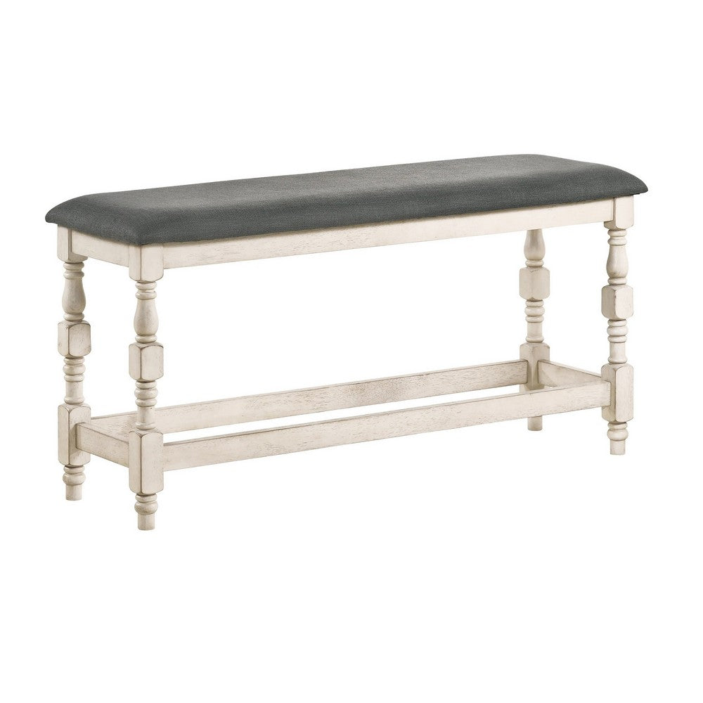 Swan 51 Inch Counter Height Bench, Gray Padded Seat, Ivory Turned Legs - BM300662