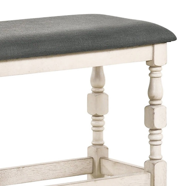 Swan 51 Inch Counter Height Bench, Gray Padded Seat, Ivory Turned Legs - BM300662