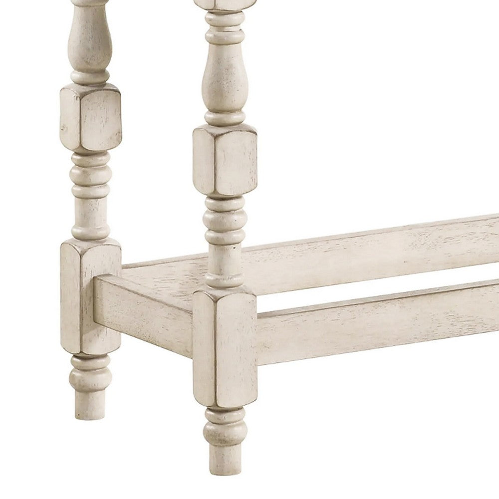 Swan 51 Inch Counter Height Bench, Gray Padded Seat, Ivory Turned Legs - BM300662