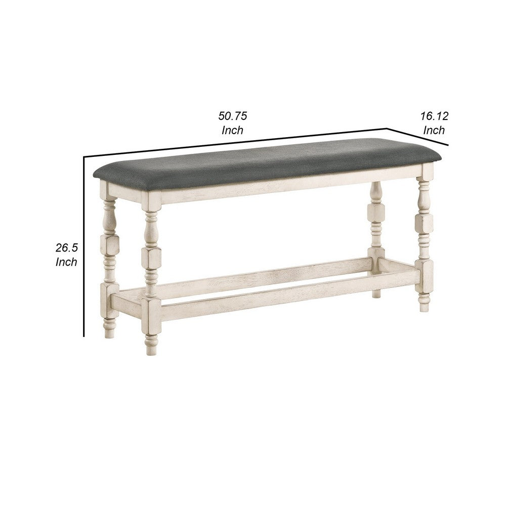 Swan 51 Inch Counter Height Bench, Gray Padded Seat, Ivory Turned Legs - BM300662