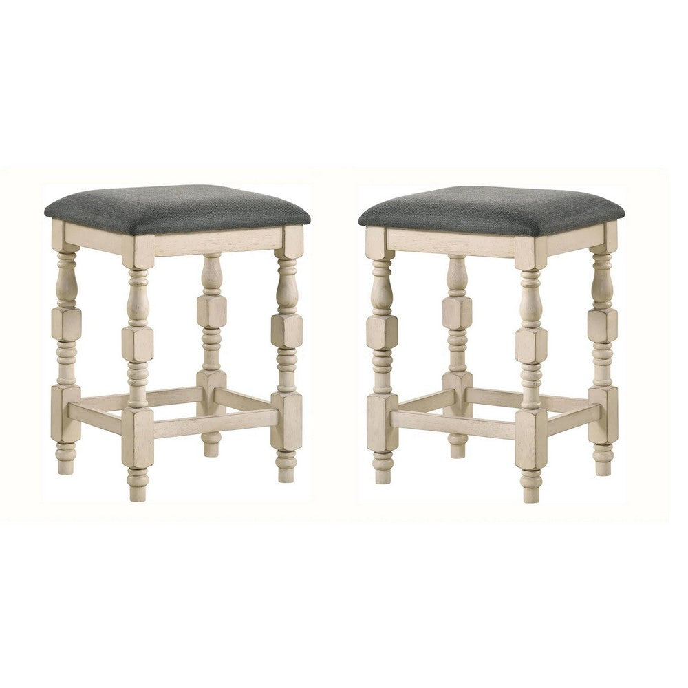 Swan 26 Inch Counter Height Stool, Set of 2, Gray Padded Seat, Turned Legs - BM300665
