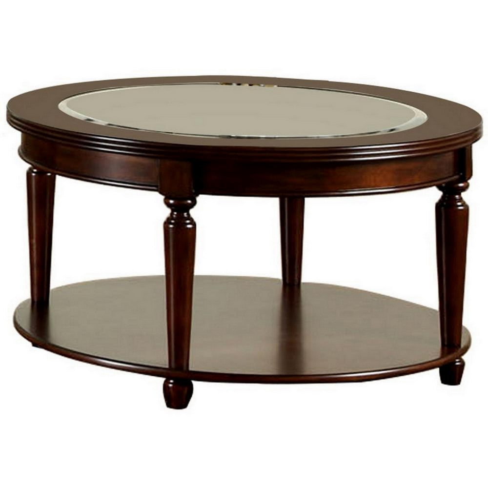 48 Inch Oval Coffee Table, Glass Top, Turned Legs, Bottom Shelf, Brown - BM300666