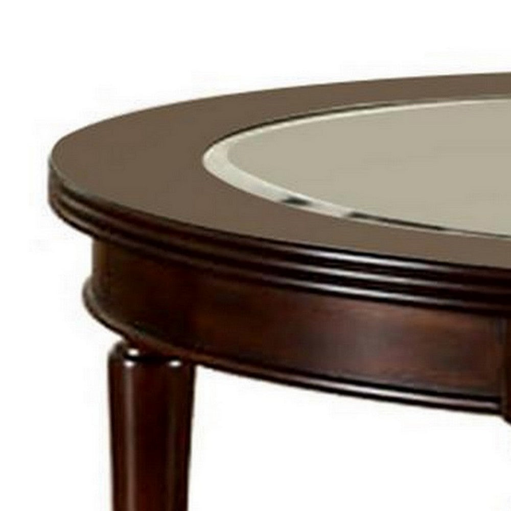 48 Inch Oval Coffee Table, Glass Top, Turned Legs, Bottom Shelf, Brown - BM300666