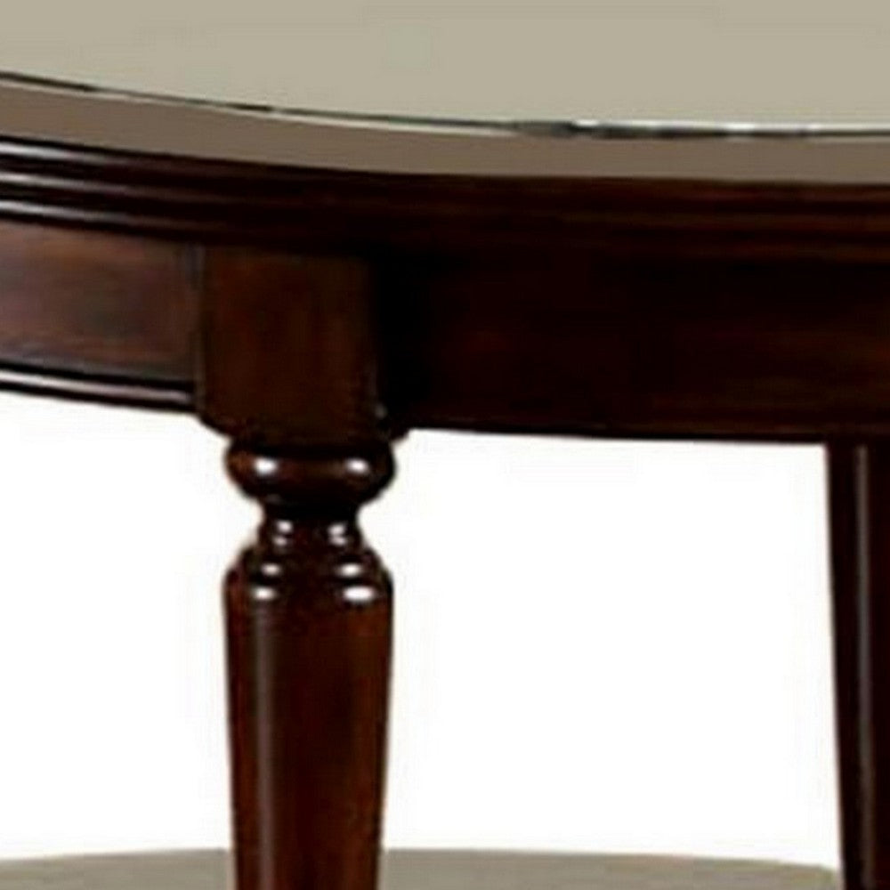 48 Inch Oval Coffee Table, Glass Top, Turned Legs, Bottom Shelf, Brown - BM300666