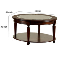 48 Inch Oval Coffee Table, Glass Top, Turned Legs, Bottom Shelf, Brown - BM300666