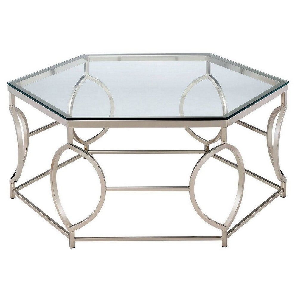 Slade 40 Inch Coffee Table, Hexagonal Glass Top, Geometric Base, Chrome - BM300667