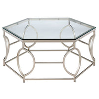 Slade 40 Inch Coffee Table, Hexagonal Glass Top, Geometric Base, Chrome - BM300667