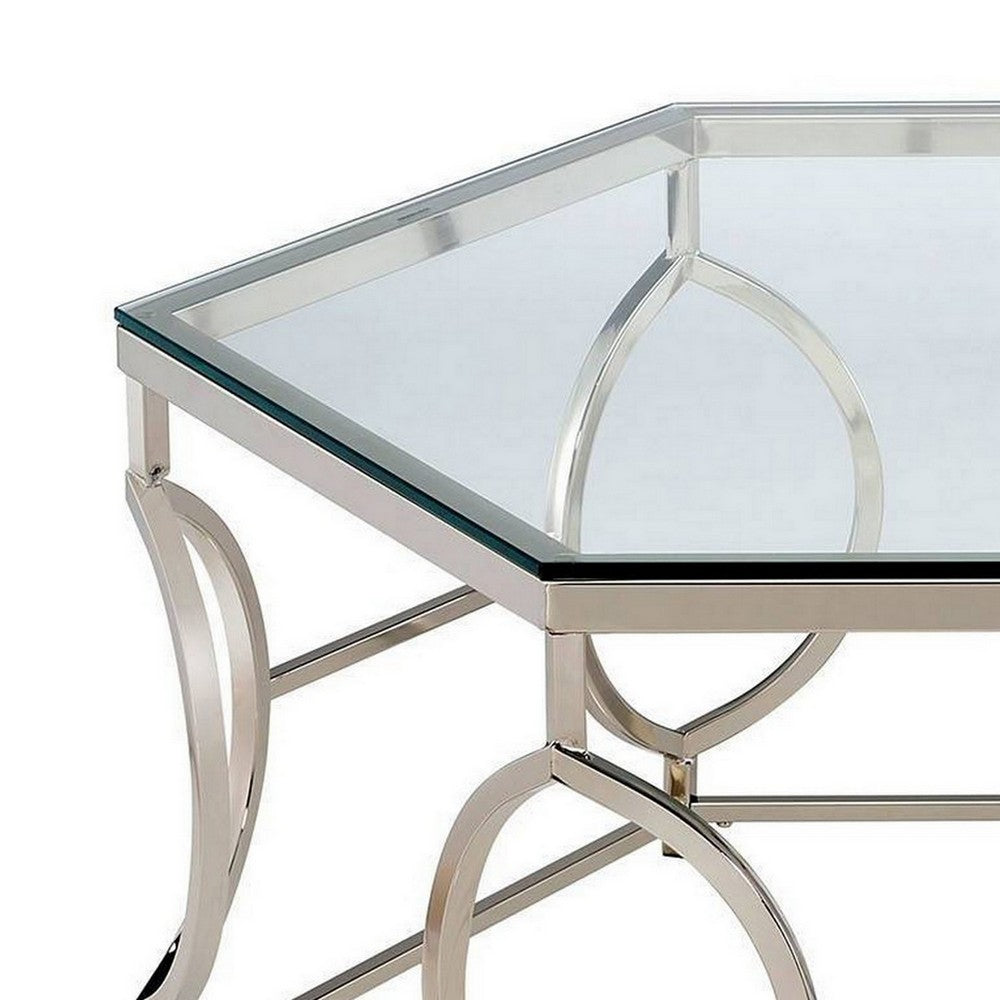 Slade 40 Inch Coffee Table, Hexagonal Glass Top, Geometric Base, Chrome - BM300667