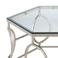 Slade 40 Inch Coffee Table, Hexagonal Glass Top, Geometric Base, Chrome - BM300667