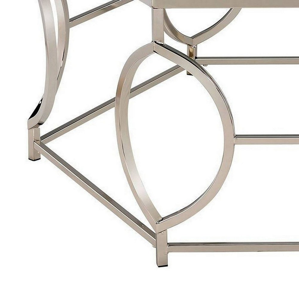 Slade 40 Inch Coffee Table, Hexagonal Glass Top, Geometric Base, Chrome - BM300667