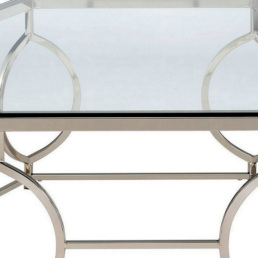 Slade 40 Inch Coffee Table, Hexagonal Glass Top, Geometric Base, Chrome - BM300667