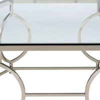 Slade 40 Inch Coffee Table, Hexagonal Glass Top, Geometric Base, Chrome - BM300667